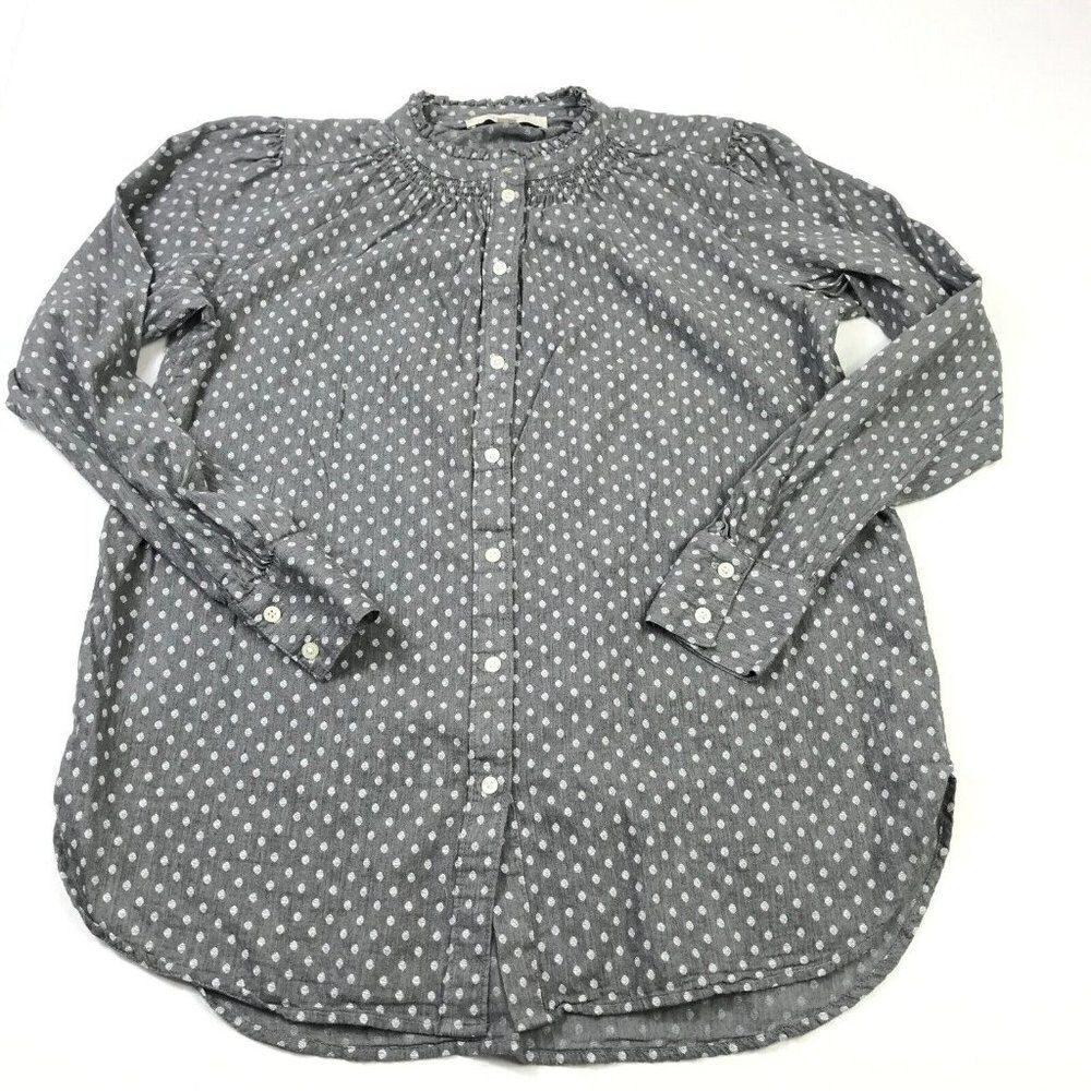 LOFT Womens Cotton Top Gray White Dot Print Button Down Shirt Long Sleeve Small